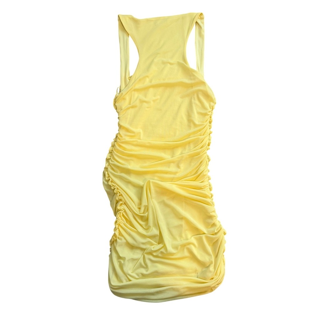 AFRM Yellow Ruched Bodycon Mini Dress Square Neck Racerback Large - Picture 3 of 9